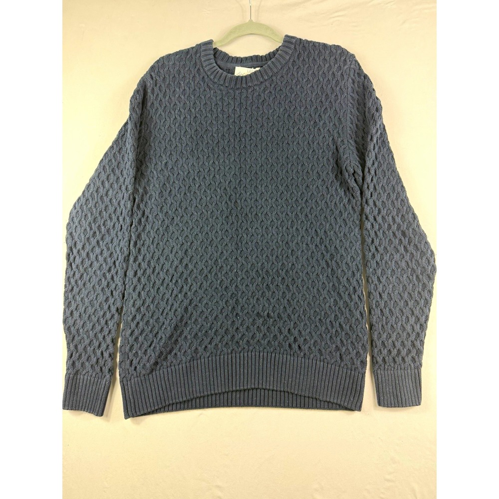 H&M navy cotton knit crew neck ribbed long sleeve pullover sweater, men's m